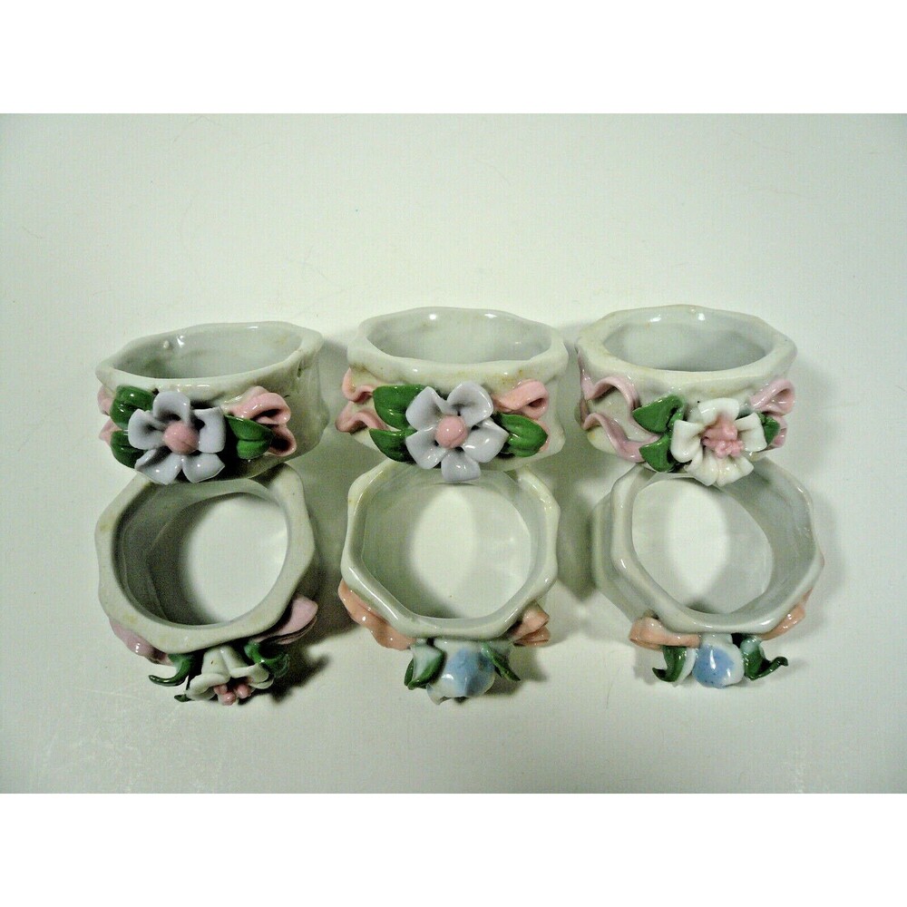 Vintage Porcelain Napkin Ring Holders Flowers Ribbons Bouquet Set of 6